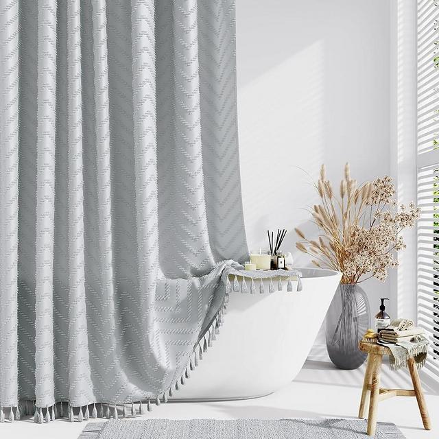 Dynamene Boho Farmhouse Shower Curtain, Grey Fabric Tufted Chevron Striped Textured Tassel Shower Curtains for Bathroom, Water Repellent, Minimalist Ruffled Cloth Shower Curtain Set with Hook, 72x72
