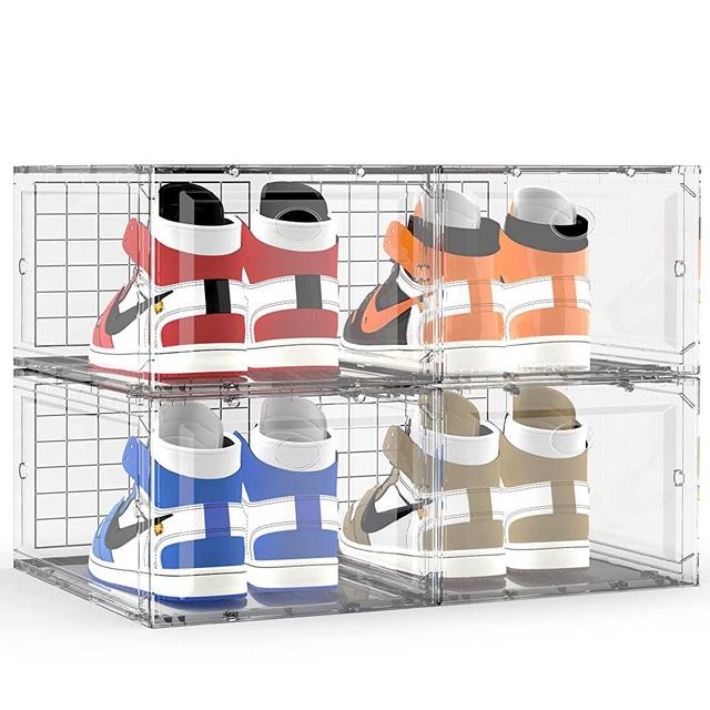 4 Pack Shoe Organizer, Stackable Plastic Shoe Box with Clear Door Shoe Storage Boxes for Sneaker AJ Clear Shoe Boxes with Lids Shoe Storage Container Fit to Women Size 13, Clear White
