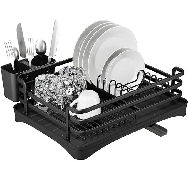 Dish Drying Rack,HOWDIA Aluminum Rust Proof Dish Rack with Swivel Spout Drying Tray, Removable Cutlery Holder for Kitchen Counter