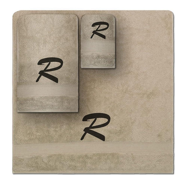 Monogrammed Towel Set, Personalized Gift, Set of 3- Block Letter Embroidered Turkish Towels Set - 1 Bath & 1 Hand Towel, 1 Washcloth, Highly Absorbent, Super Soft 100% Cotton, Initial - R, Beige