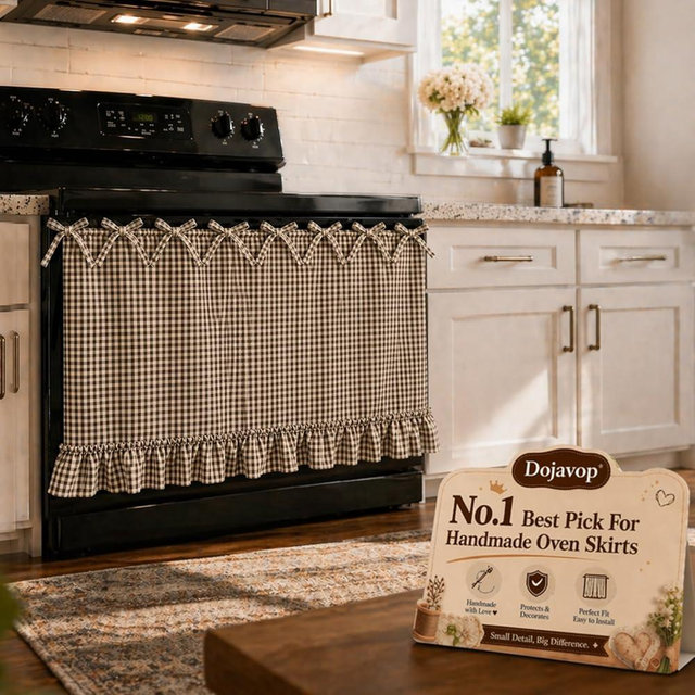 Dojavop Handmade Oven Skirt Curtain for Door Kitchen Dishwasher Hidden Curtain Tie Top Farmhouse Meadow Skirt Heat-Resistant for Stove Kitchen Décor with Ruffles and Ribbon Ties Heat Resistant (Oat)
