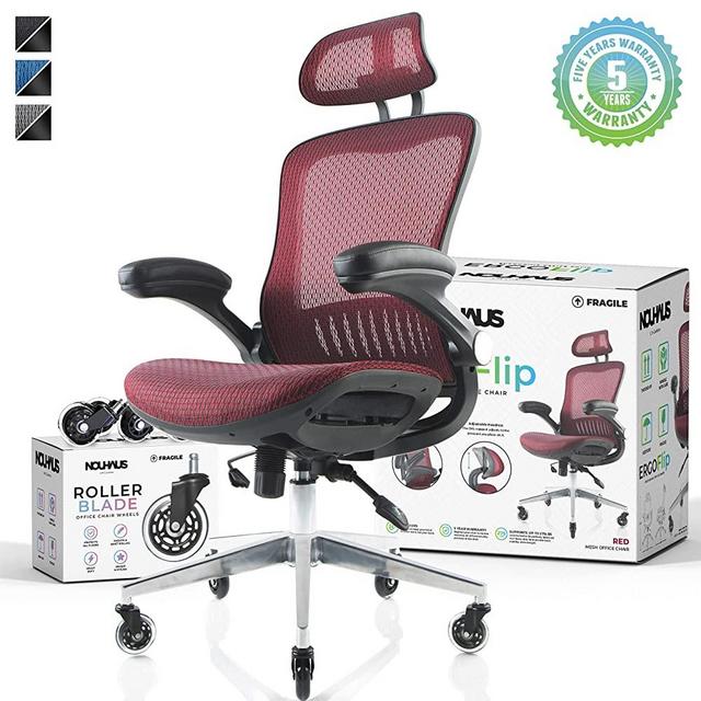 NOUHAUS ErgoFlip Mesh Computer Chair - Burgundy Rolling Desk Chair with Retractable Armrest and Blade Wheels Ergonomic Office Chair, Gaming Chairs, Executive Swivel Chair/High Spec Base