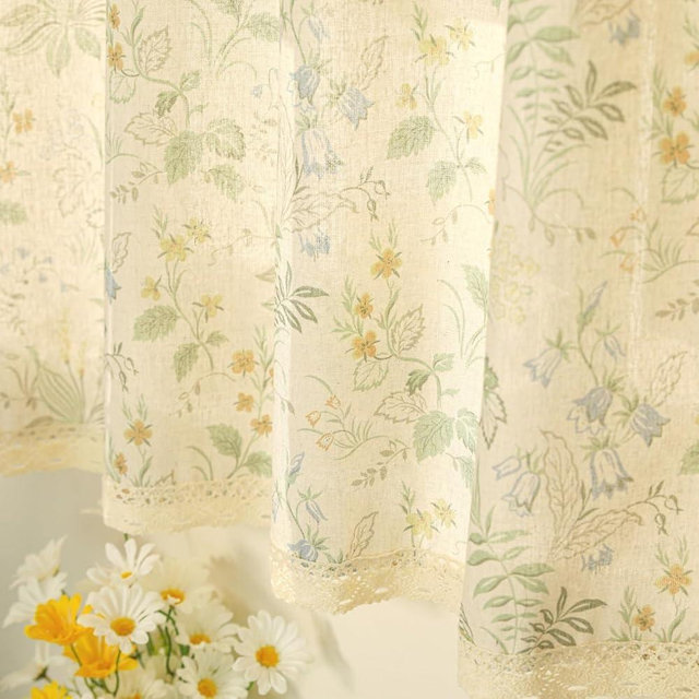 Moslovstar Farmhouse Cotton Linen Tier Curtain 36 Inch Long Elegant Floral Lace Window Treatment Kitchen Bathroom Short Curtain, 1 Panel, Wind Chime Flower on Beige