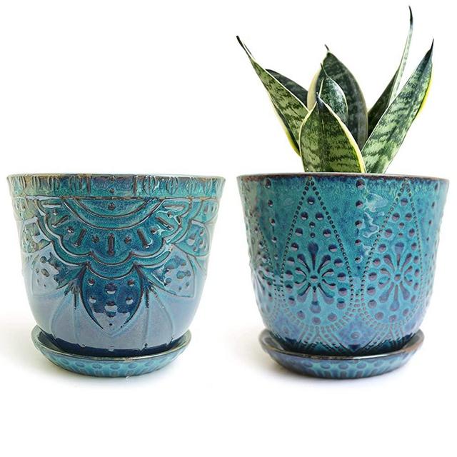 Gepege 6 Inch Beaded Ceramic Planter Set of 2 with Drainage Hole and Saucer for Plants, Indoor-Outdoor Large Round Succulent Orchid Flower Pot (Smoked White, for Inner-pots not Larger Than 5 Inch)