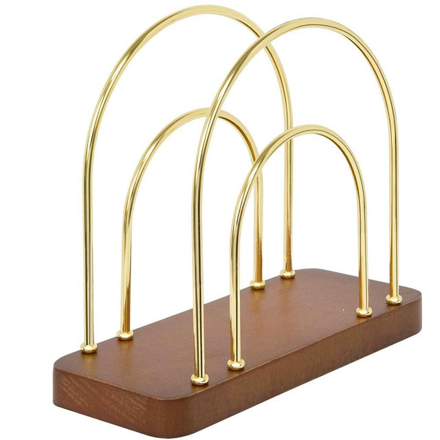 Qiannhee Gold Napkin Holder for Table, Modern Metal Wire Arch Design,Standing Napkin Dispenser,Walnut Brown Wood Base with Non - Slip Pads, Ideal for Kitchen, Dining, Wedding, Party Decorative Use
