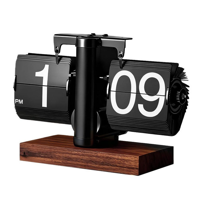SCOAGE Flip Desk Clock (Wood Black), Retro Vintage Auto Flip Down Table Clock, Large Number Mechanical Battery Powered Internal Gear Operated Clocks for Home & Office Decor