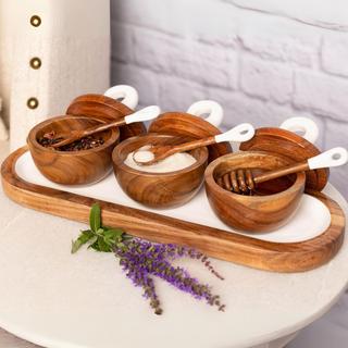 Wood & White 7-Piece Dipping Bowls with Charcuterie Utensils