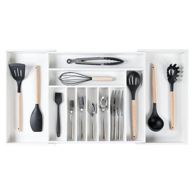 KitchenEdge Premium Silverware, Flatware and Utensil Organizer for Kitchen Drawers, Expandable 19 to 33 Inches Wide, 11 Compartments, Food-Safe Contract Grade White Finish 100% Sustainable Bamboo Wood