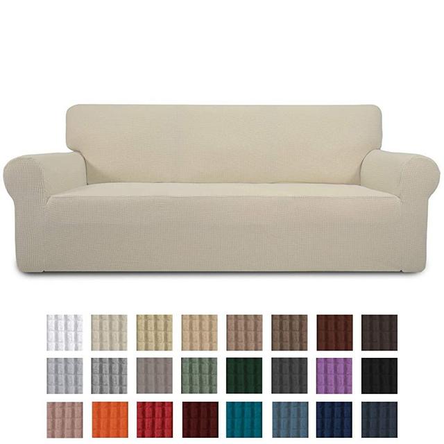 Easy-Going Stretch Sofa Slipcover 1-Piece Couch Sofa Cover Furniture Protector Soft with Elastic Bottom for Kids, Spandex Jacquard Fabric Small Checks(Sofa,Ivory