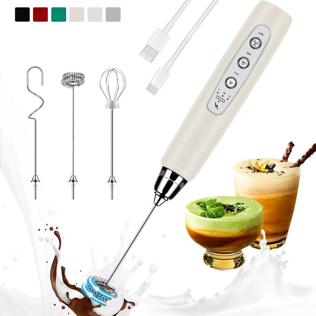 Colarlemo Milk Frother Handheld Rechargeable, Frother Wand Drink Mixer Electric Whisk for Coffee, Detachable With 3 Stainless Whisks, Hand Mixer for Lattes, Cappuccino, Matcha, Egg, No Stand, Beige