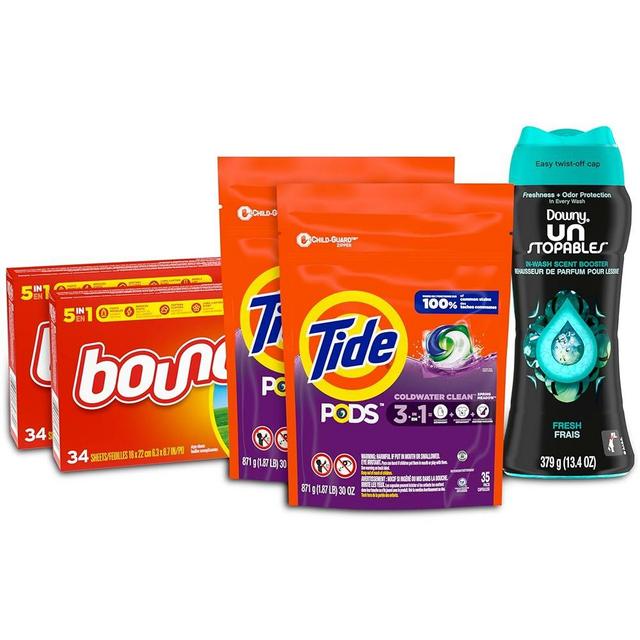 Tide Pods Liquid Laundry Detergent Pacs, Downy Unstopable Scent Beads and Bounce Dryer Sheets, Better Together Bundle