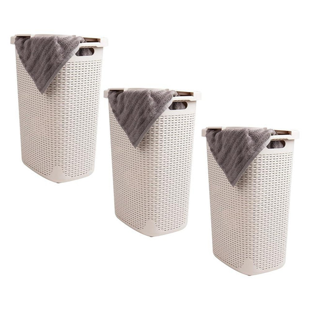 Mind Reader 60L Slim Laundry Hamper, Clothes Basket, Lid, Wicker Design, Plastic, 17.65"L x 13.75"W x 24.15"H, Set of 3, Ivory