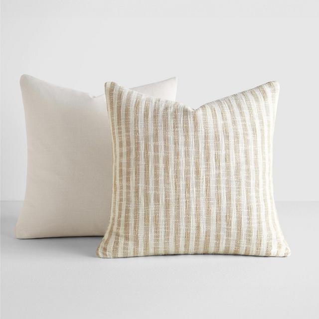 2-Pack Yarn-Dyed Patterns Natural Throw Pillows in Yarn-Dyed Bengal Stripe & Solid - Becky Cameron, Natural Yarn-Dyed Bengal Stripe / Solid