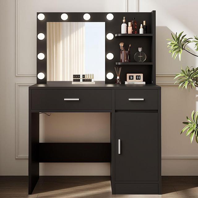 HYLEORY Vanity Desk with Mirror, Power Outlet and 10 Lights, Makeup Table with 3 Drawers,3 Color Modes Available for Bedroom,Black
