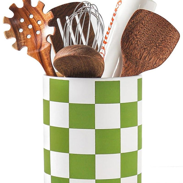 Swkien Utensil Holder，7.2 Inch Checkered Utensil Holder, Ceramic Cooking Utensil Spoon/Spatula Holder for Countertop, Kitchen Decor and Accessories for counte (Green)