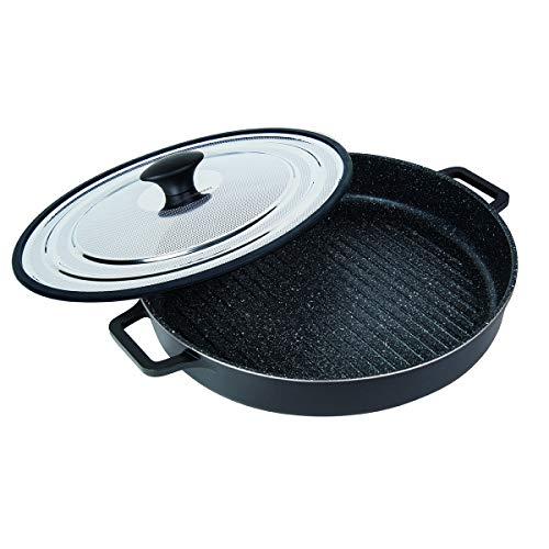 MasterPan Non-Stick Stovetop Oven Grill Pan with Heat-in Steam-Out Lid, nonstick cookware, 12", Black, MP-107
