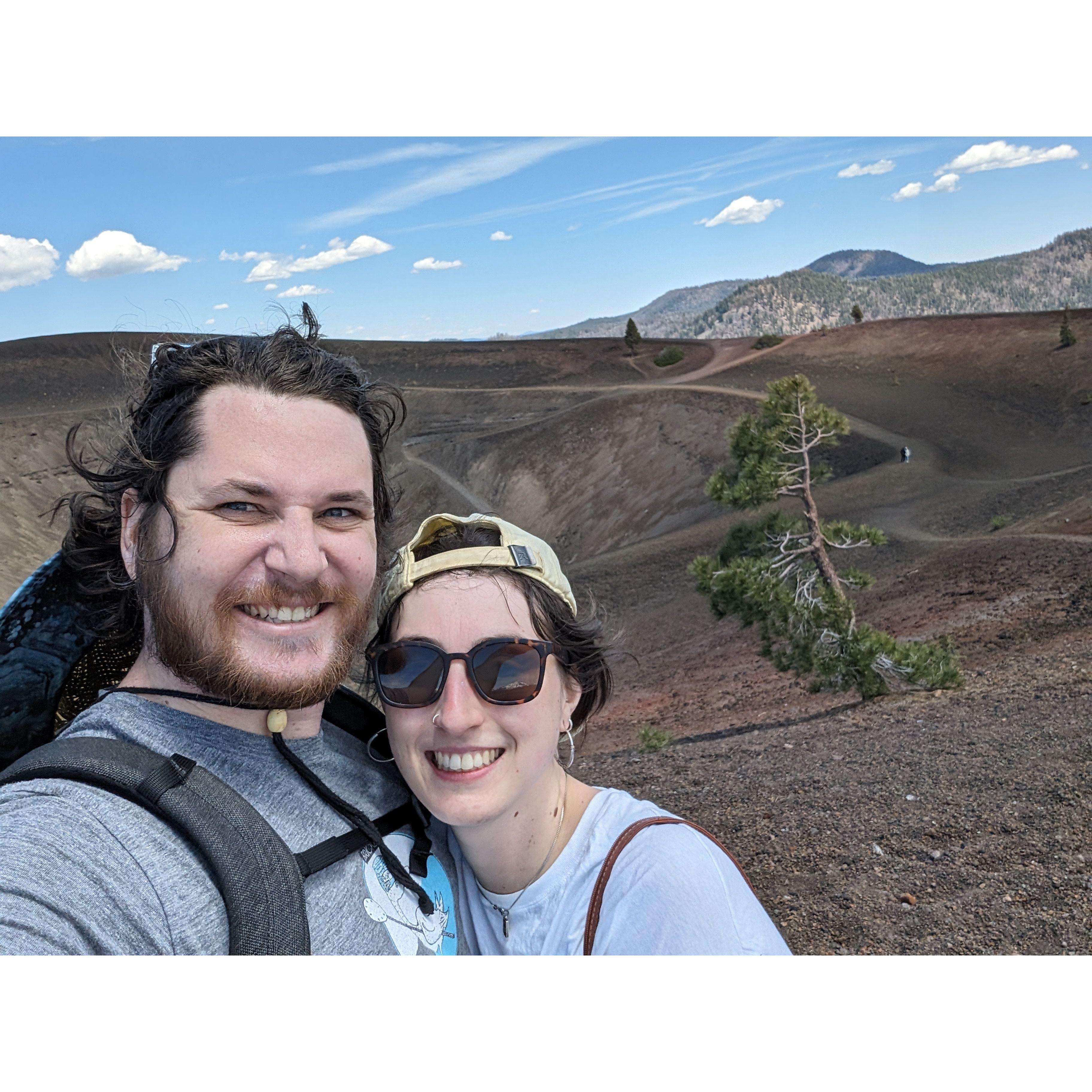 At the top of the cinder cone volcano in Lassen National Park. We were very sweaty