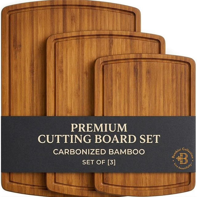 Bamboo Cutting Board Set for Kitchen - 3 Piece Carbonized Bamboo Cutting Boards with Juice Groove & Handle, Wooden Chopping Boards for Meat, Vegetables, Cheese Charcuterie Food Prep Serving by Bambüsi