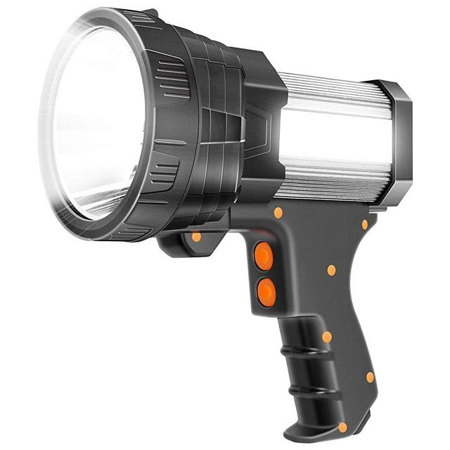 Super Bright Spotlight 6000 Lumen LED Flashlight Handheld Rechargeable Spot Lights Outdoor 9600mAh Long Lasting Large Torchlight Searchlight and Floodlight Hiking Flashlight USB Output (Silver)