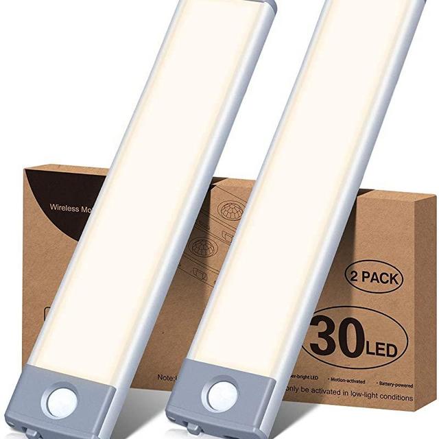 Motion Sensor Led Under Cabinet Lighting Wireless Cabinet Light Rechargeable, Closet Light 30Led Battery Operated for Kitchen, Closet (Warm White, 2Pack)