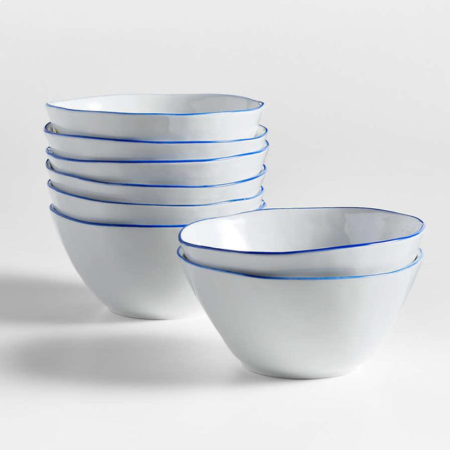 Mercer Blue Rim Porcelain Cereal Bowls, Set of 8