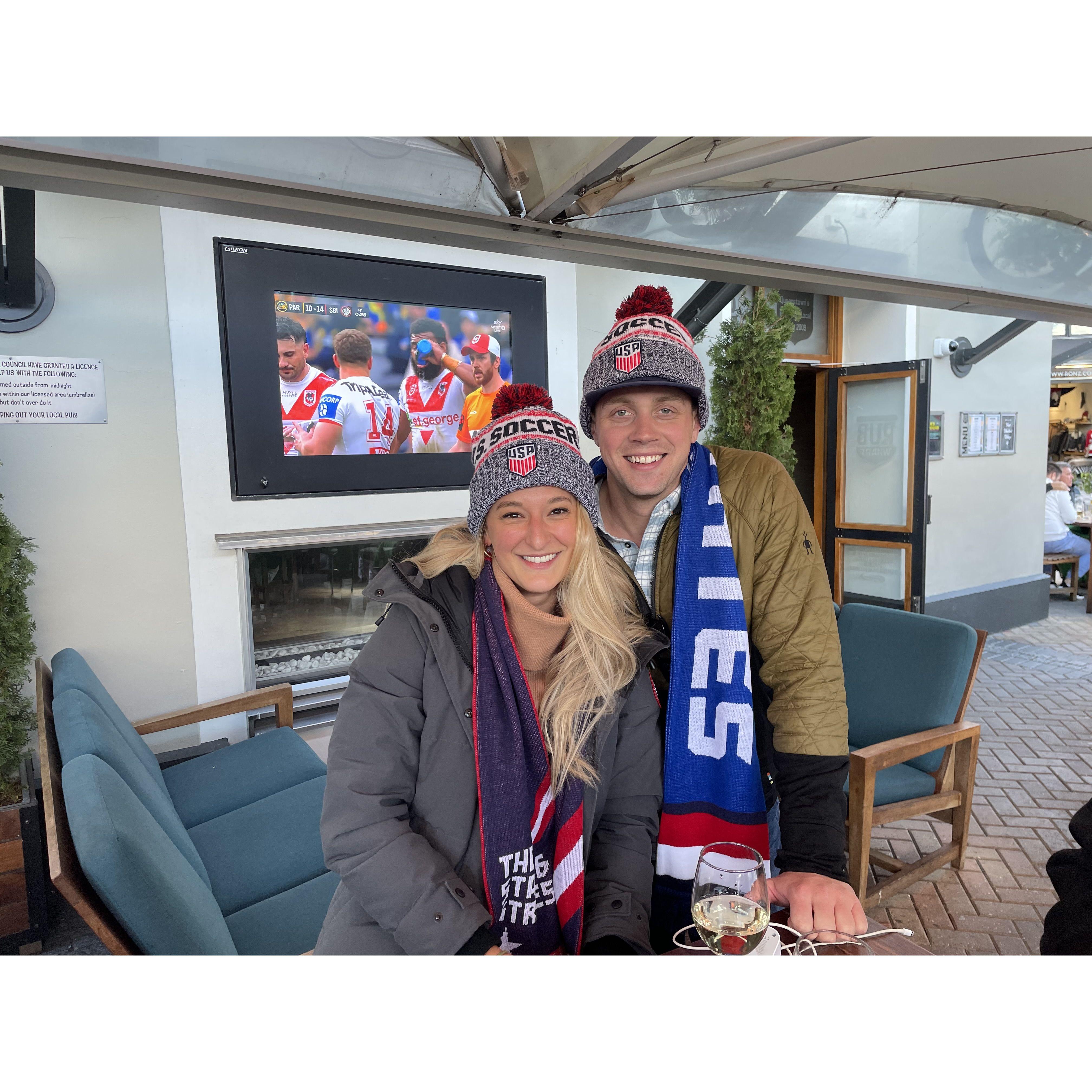At a bar in New Zealand before watching the US Women's World Cup team play.
