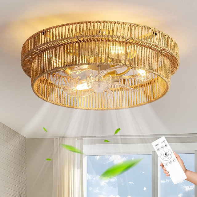 DARYEWO Rattan Boho Ceiling Fan with Light Flush Mount, 20 Inch Caged Ceiling Fans with Light and Remote Control, Low Profile Enclosed 6 Speeds for Bedroom, Nursery, Living Room, E26 Base (Brown)