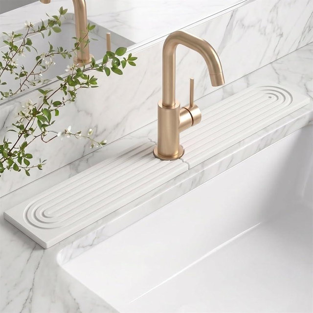 Stone Faucet Mat for Kitchen Sink-Diatomite Drying Stone Mat& Sink Protector,Quick Dry Water Absorbing Stone Tray ,Sink Splash Guard for Kitchen Counter & Bathroom Counter (White, 15.7"x3.9")