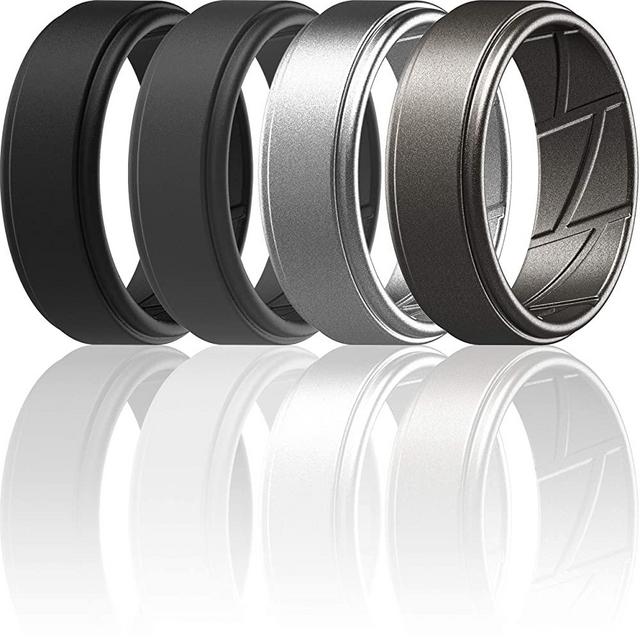 ThunderFit Silicone Wedding Rings for Men Breathable Airflow Inner Grooves - Step Edge Sleek Design Breathable Rubber Engagement Bands - 8mm wide - 2mm Thick