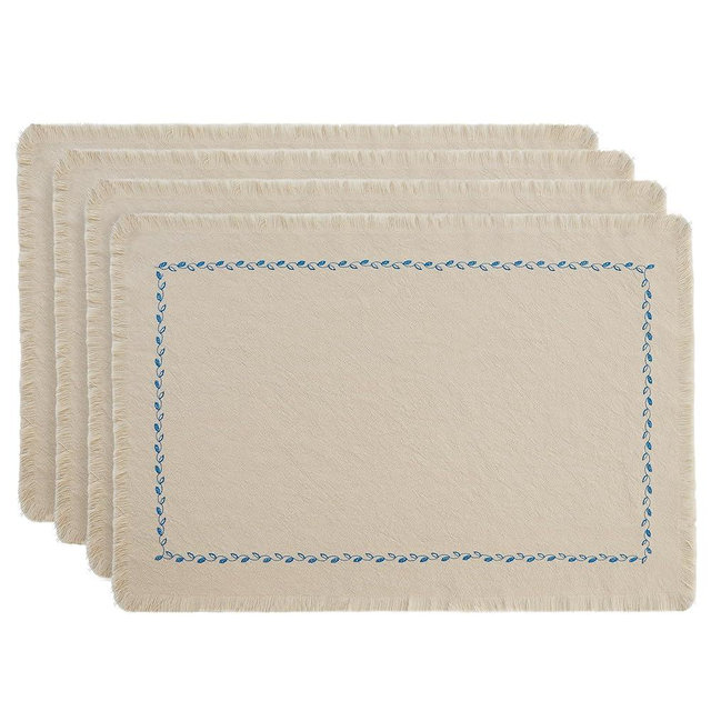 Ayuzawa Handmade Placemat Set of 4, 100% Cotton Embroidered Placemats with Tassels, Heat Resistant and Washable, Kitchen Table Decor, 13 x 19 Inch, Beige