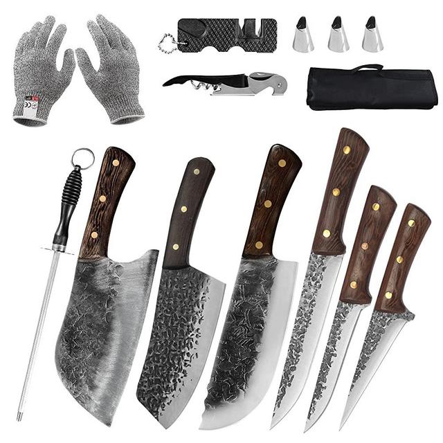 8/12pcs Butcher Knife Set Hand Forged chef knife Boning Knife With Sheath High Carbon Steel Carving Knife Fish Knife Chef Knife For Kitchen, Camping, BBQ (12pc with knife bag)