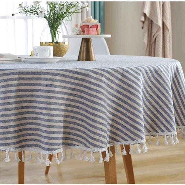 meioro Round Tablecloth Stripe Tassel Table Cloth Cotton Linen Dust-Proof Table Cover for Dining Circle Coffee Side End Card Table, Parties Holiday Indoor Outdoor Use (Blue/White Stripes, 59 Inch)
