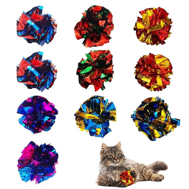QUVOVID Cat Crinkle Ball Toys 10 Packs for Indoor Cats to Kill Time and Keep Fit, 2.3 Inch Colorful Mylar Crinkle Balls Attract Cats to Swat, Bite, Hunt, Interactive Toys for Cats and Kittens