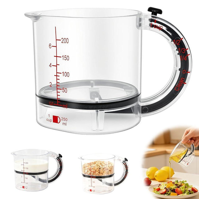 GDGJWL 4-in-1 Adjustable Measuring Cup with Base, Multi Measurement for 1/4 to 1 Cup, ML/OZ, Scraper Base for No Waste, Dishwasher Safe