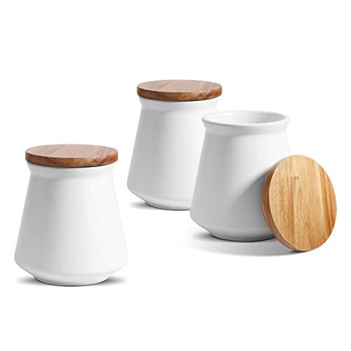 ComSaf Ceramic Food Storage Canister with Airtight Wood Lid (27oz/800ml), White Food Storage Jar Container with Seal Bamboo Lid for Kitchen Pantry Serving Tea, Coffee, Sugar and Spices, Set of 3