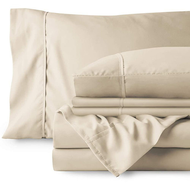 Bare Home 6 Piece 1800 Deep Pocket Bed Sheet Set - Ultra-Soft Hypoallergenic - 4 Pillowcases (King, Sand)
