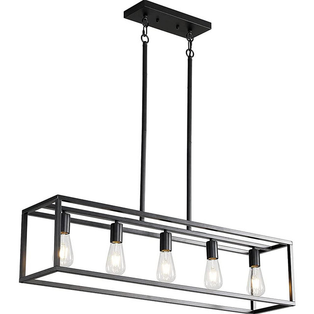Black Farmhouse Kitchen Island Lighting, Modern Industrial Chandelier, 5-Light Linear Rectangular Pendant Light Fixtures for Farmhouse Kitchen Dining Room Bar Foyer(Metal, Height Adjustable)