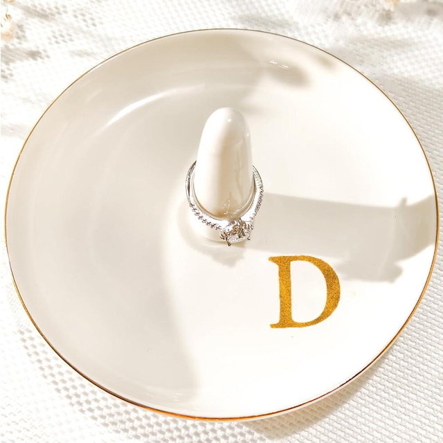 Yoqanr Ceramic Initials Jewelry Tray Ring Dish With Personalized D-Monogrammed Engagement Wedding Gifts, for Birthday Mother's Day for Women, Ceramic White 4.7" x2.4"