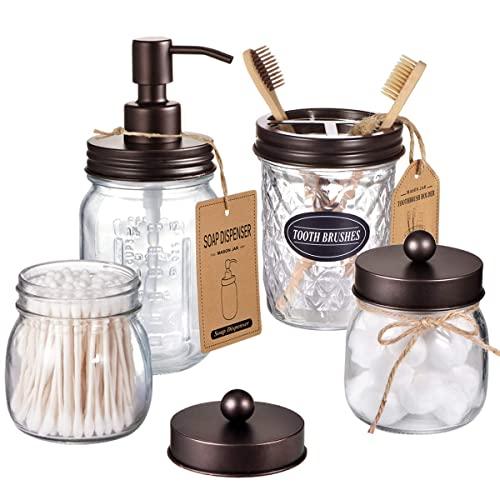 Amolliar Mason Jar Bathroom Accessories Set(4 Pcs) -Lotion Soap Dispenser & 2 Cotton Swab Holder &Toothbrush Holder-Rustic Farmhouse Decor,Countertop Vanity Organize，Bathroom Home Decor (Bronze)
