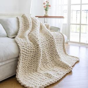 Chunky Knit Blanket - Luxury Soft Cozy 50 * 60 Throw Blanket,100% Woven Blanket Rope Knot Throw Blanket for Couch, Sofa, Home Decor, Gift - Machine Washable (Cream, 50 * 60)