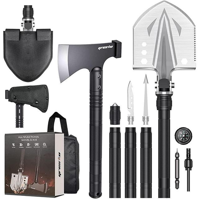 GRESOU Survival Shovel Axe Set, Camping Shovel Multitool High-Carbon Steel Tactical Shovel Axe, 3 Thicken Extension Handles 19-38.7 Inch Camping Survival Kits Gear for Outdoor Camping Hiking Emergency