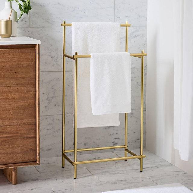 Modern Overhang Freestanding Towel Rack, Antique Brass, 38"
