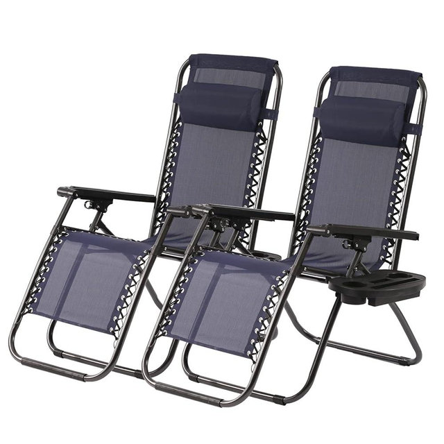 PayLessHere Set of 2 Lounge Chair Textilene Adjustable Beach Chair Zero Gravity Chair Folding Lawn Patio Chair with Removable Pillow and Cup Holder for Poolside Backyard Lawn Beach,Blue