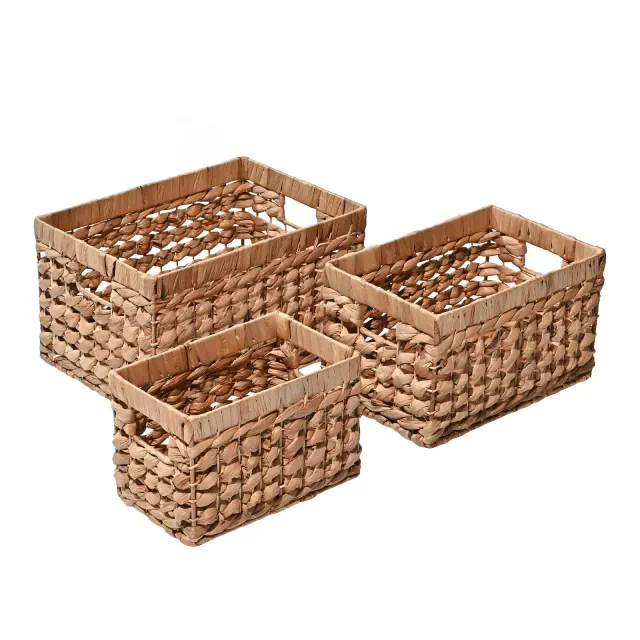 happimess Hayden Bohemian Cottage Handwoven Hyacinth Rectangular Nesting Baskets with Handles, Natural