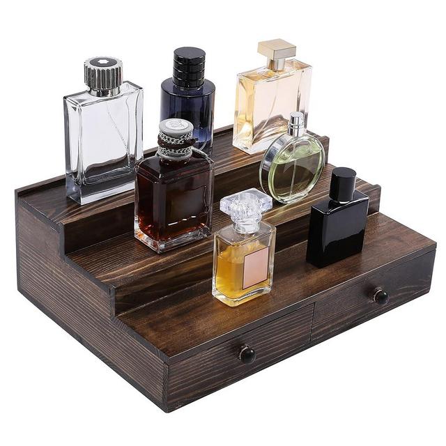 Boulphia Cologne Organizer for Men, Wooden Perfume Organizer for Dresser, Perfume Holder Cologne Stand with 3 Tier Display Shelf, Drawer and Hidden Compartment for Storing Perfumes and Accessories