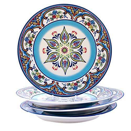 Euro Ceramica Zanzibar Collection Vibrant 10.9" Ceramic Dinner Plates, Set of 4, Spanish Floral Design, Multicolor