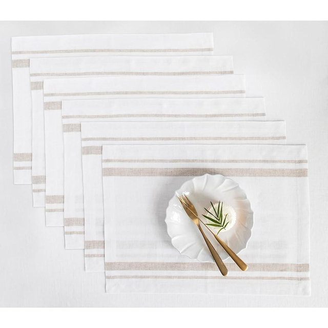 Solino Home Linen French Stripe Cloth Placemats Set of 6-100% Pure Linen Natural and White Placemats 14 x 19 Inch for Spring, Easter, Winter