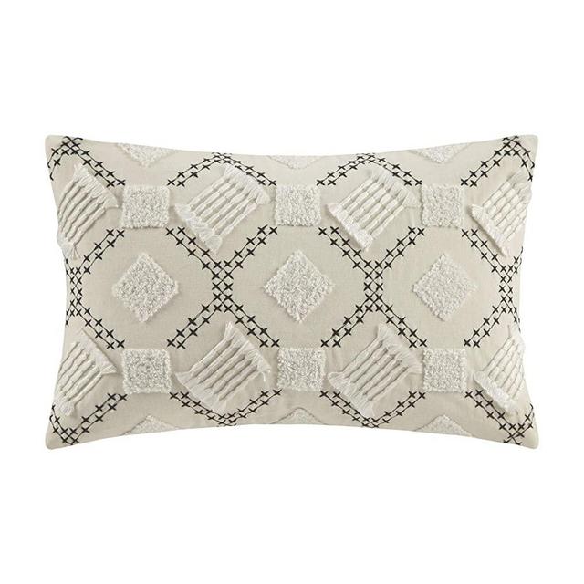 INK+IVY Chaaya Cotton Decorative Pillow - Mid Century Geometric Embroidered Design Hypoallergenic Oblong Sofa Cushion Lumbar, Back Support, 12"x18", Ivory/Black