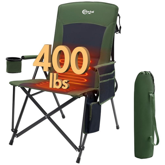 PORTAL Heated Camping Chairs for Adults Outdoor Sports Oversized Folding Lawn Chair with High Back, Heavy Duty 400 Lbs, Battery Not Included, Green