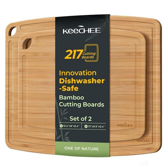 Keechee Dishwasher Safe Bamboo Cutting Boards Durable Lightweight Wood Cutting Board for Busy Kitchen, Easy Storage & Clean Wooden Chopping Boards with Juice Groove Set of 2 (M+S)